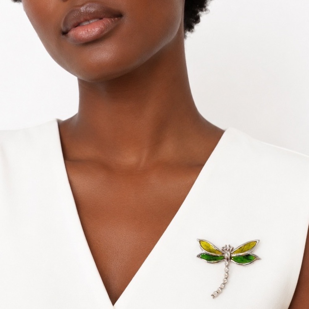 Silver Tone Dragonfly Brooch Green Yellow Enamel Wings Clear Rhinestone  103-235
